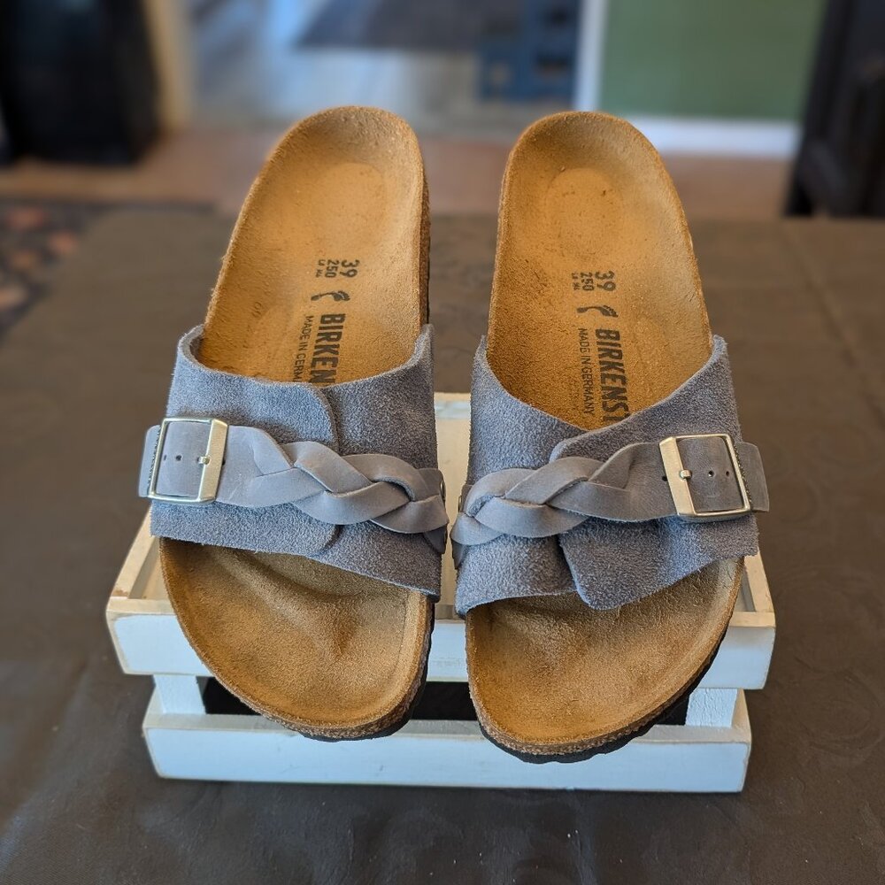 Birkenstock Oita Braided Sueded Leather Sandal in Elemental Blue size 39